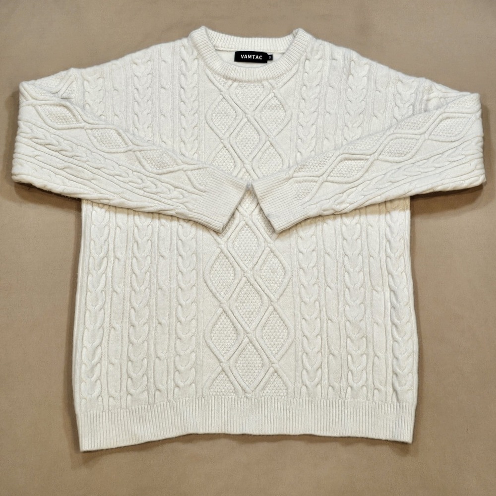 Vamtac Cable Knit Chunky Sweater Womens S Cream Fisherman Crew Oversize Preppy